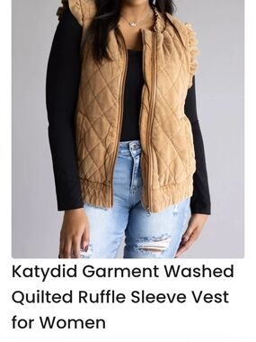 Katydid Washed Quilted Ruffle Sleeve Vest in Camel